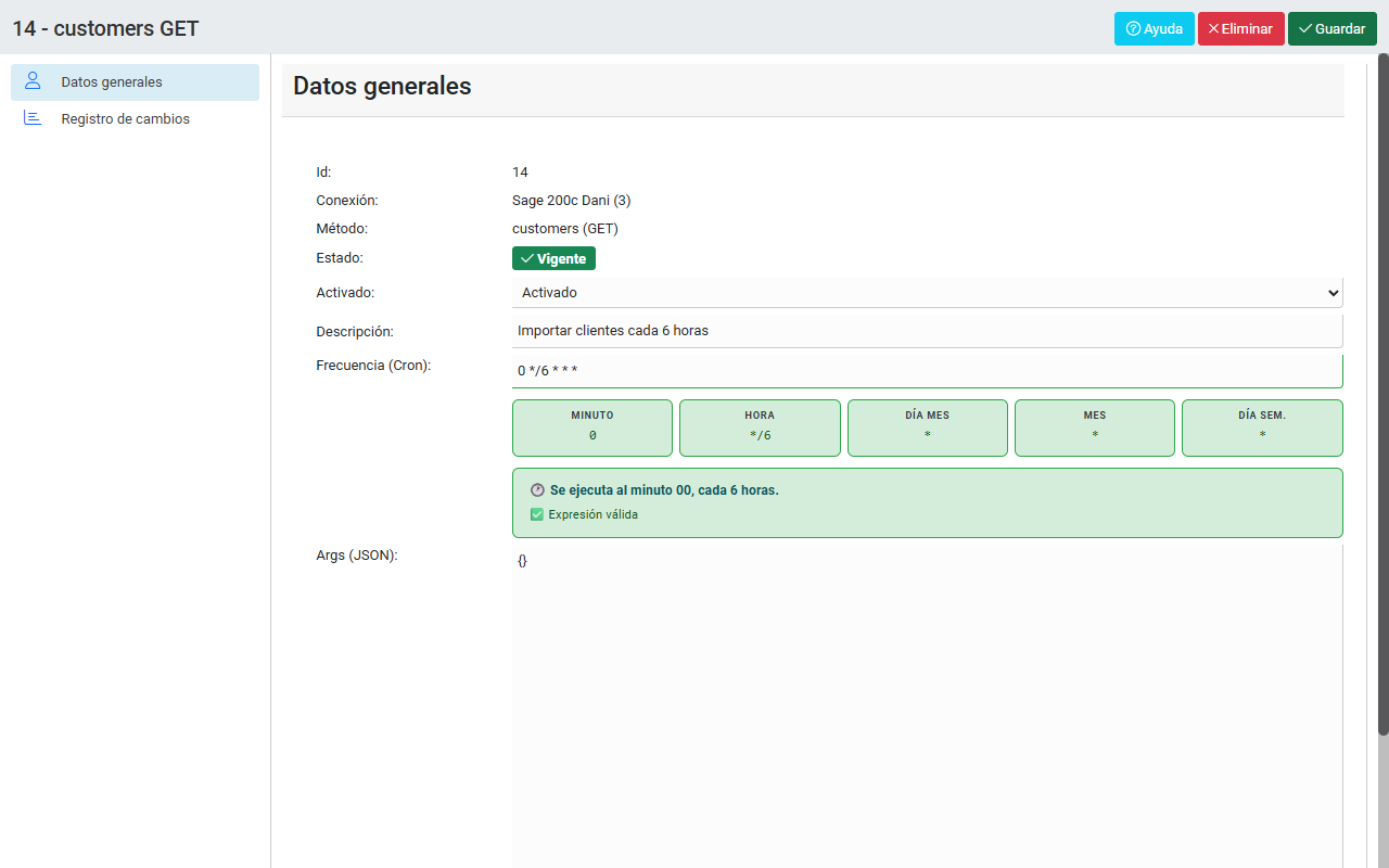 Formulario de detalle de un metodo customers GET con los campos Descripcion, Activado, Frecuencia Cron (0 */6 * * *) con validador visual, y Args (JSON).
