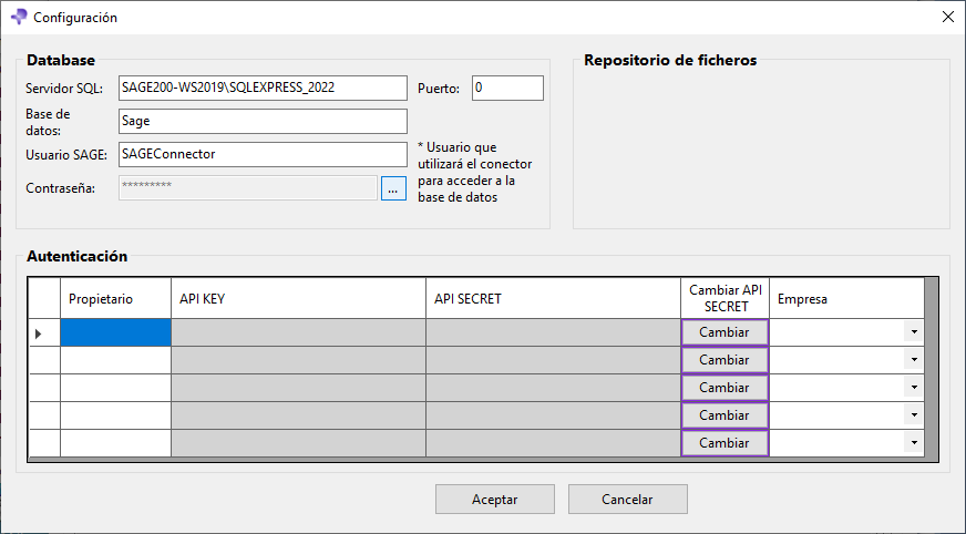 Diálogo de configuración — sección Autenticación